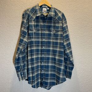 Ely Cattleman Pearl Snap Shirt Men Blue 2XLT Tall Plaid Western Cowboy Rodeo